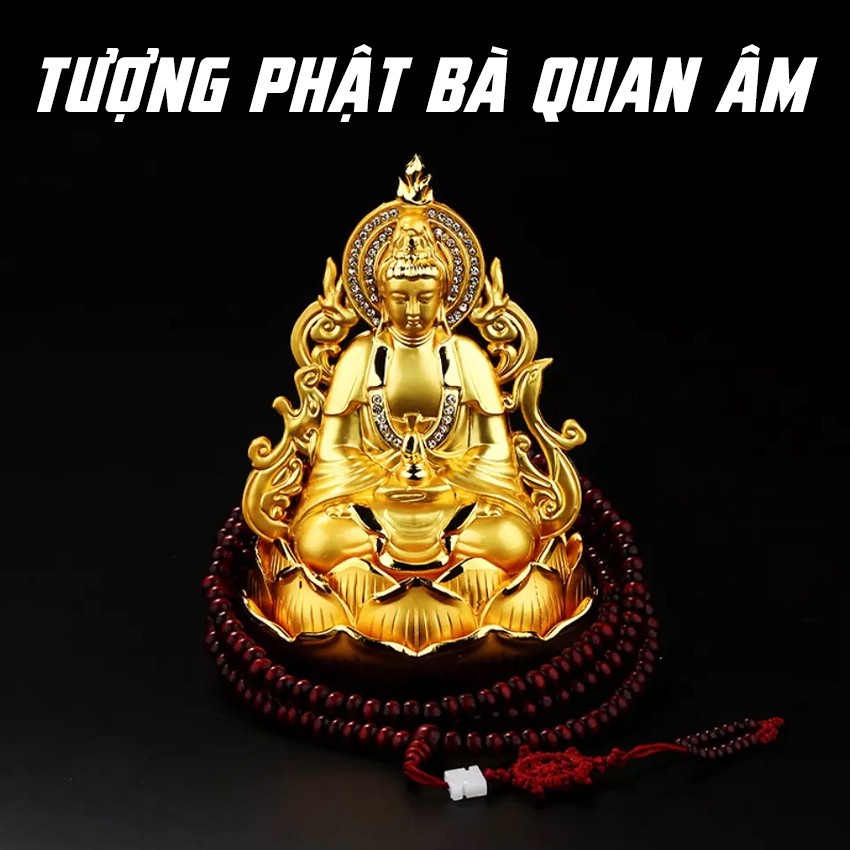 Tượng Phật Bà Quan Âm 2 Mặt Tọa Đài Sen, Màu Vàng Ánh Kim, Đính Đá Zizcon Cao Cấp