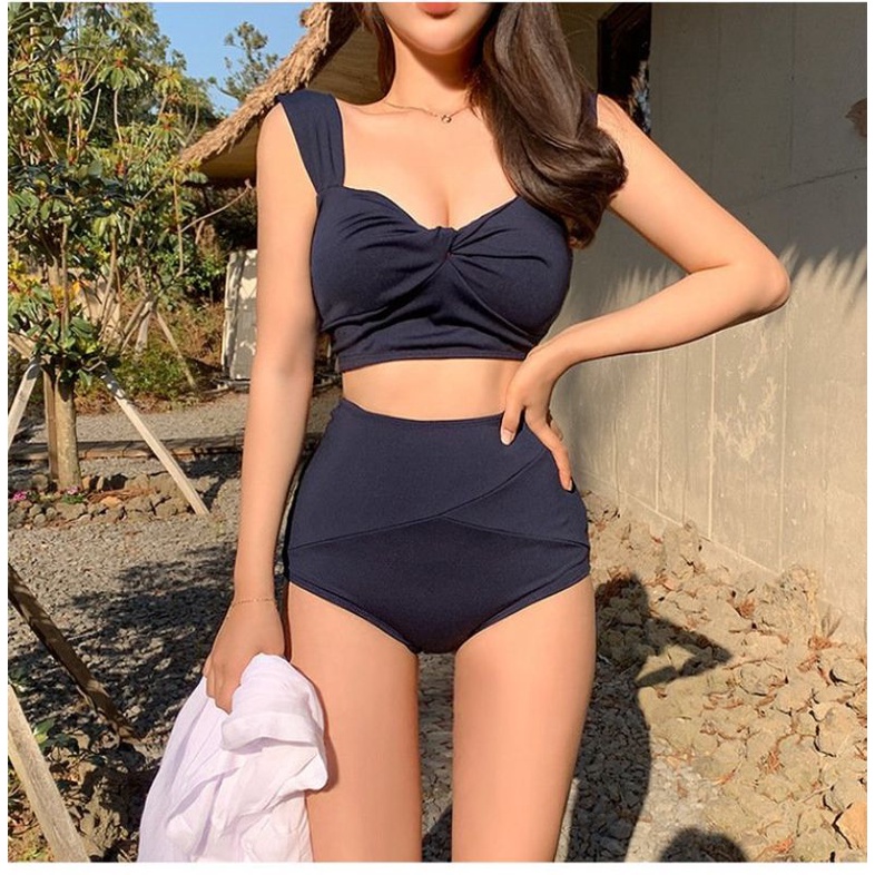 Chuẩn phom, ảnh thật - Bikini 2 mảnh cạp cao màu xanh than dáng retro