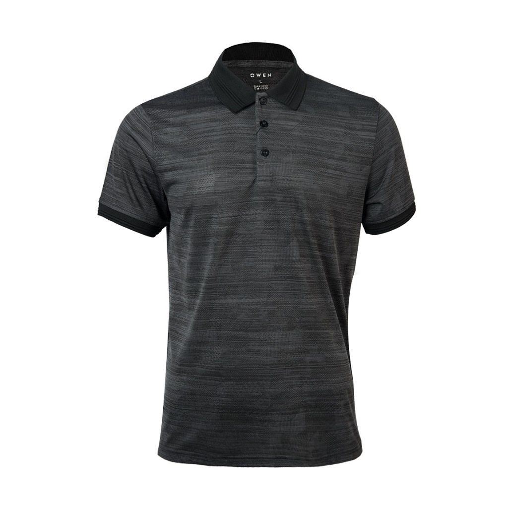 Áo thun nam có cổ bẻ polo OWEN APV220366 phông ngắn tay cao cấp dáng body fit màu ghi đậm họa tiết vải polyester