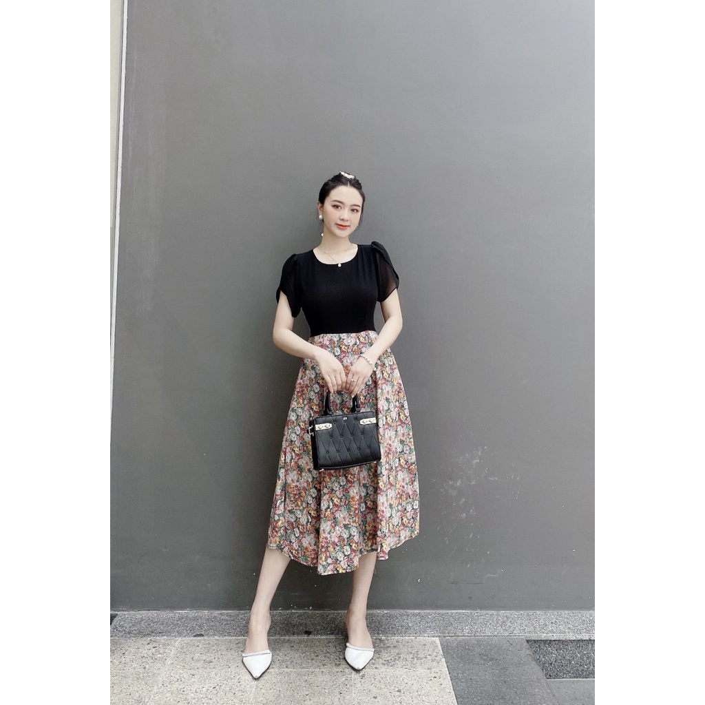 Đầm xòe phối chân váy hoa thanh lịch DAM07 - Lady Fashion