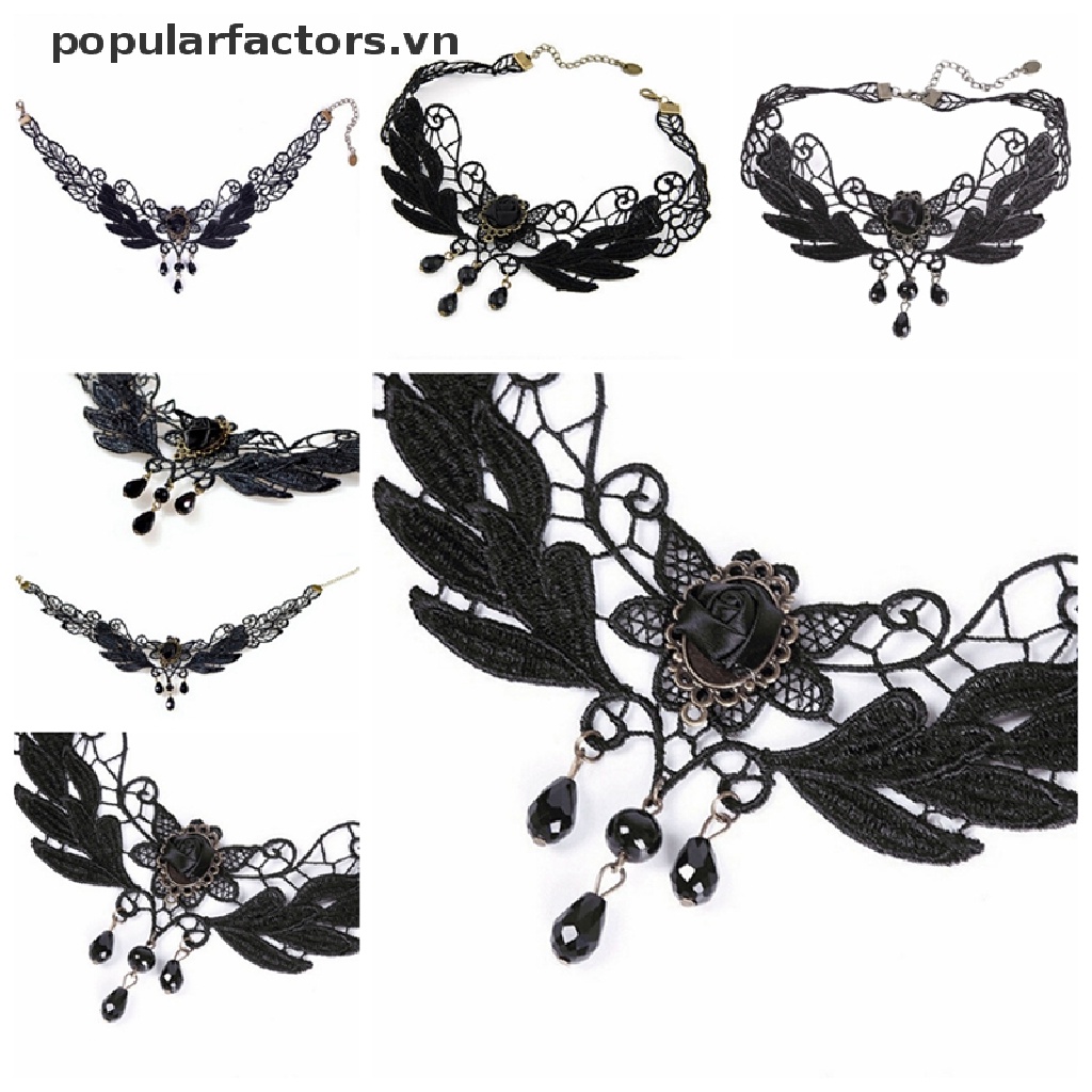 Vòng Cổ Choker Ren Đính Hạt Hoa Hồng Và Giọt Nước Phong Cách Lolita Dành Cho Nữ