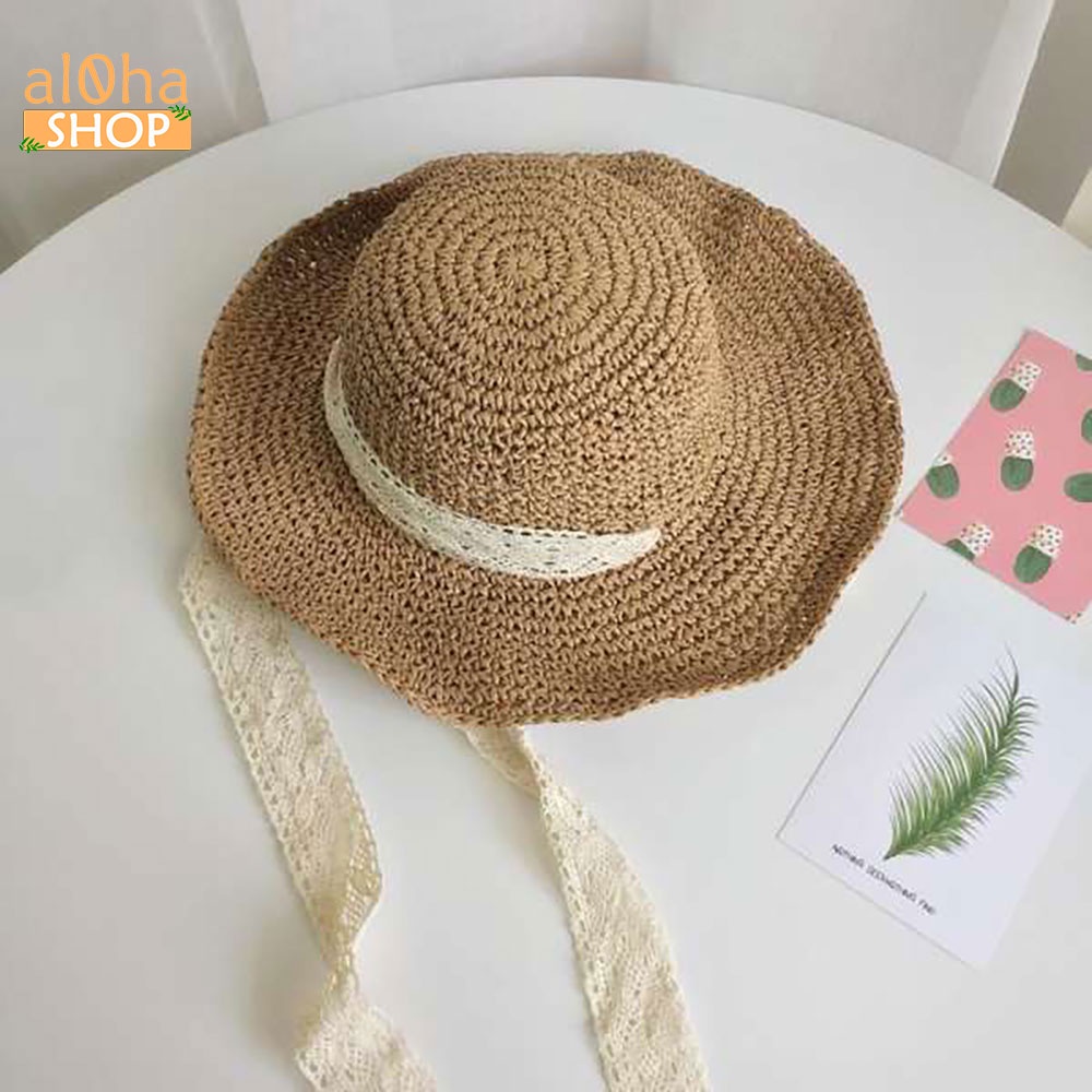 Mũ cói mềm dây ren buộc cổ - nón cói vành to chống nắng, đi biển phong cách - al0ha Shop