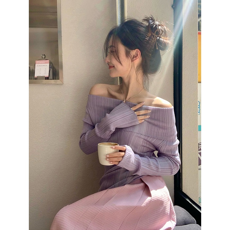 Áo dệt kim ZHELIHANGFEI trễ vai tay dài cổ cao gợi cảm