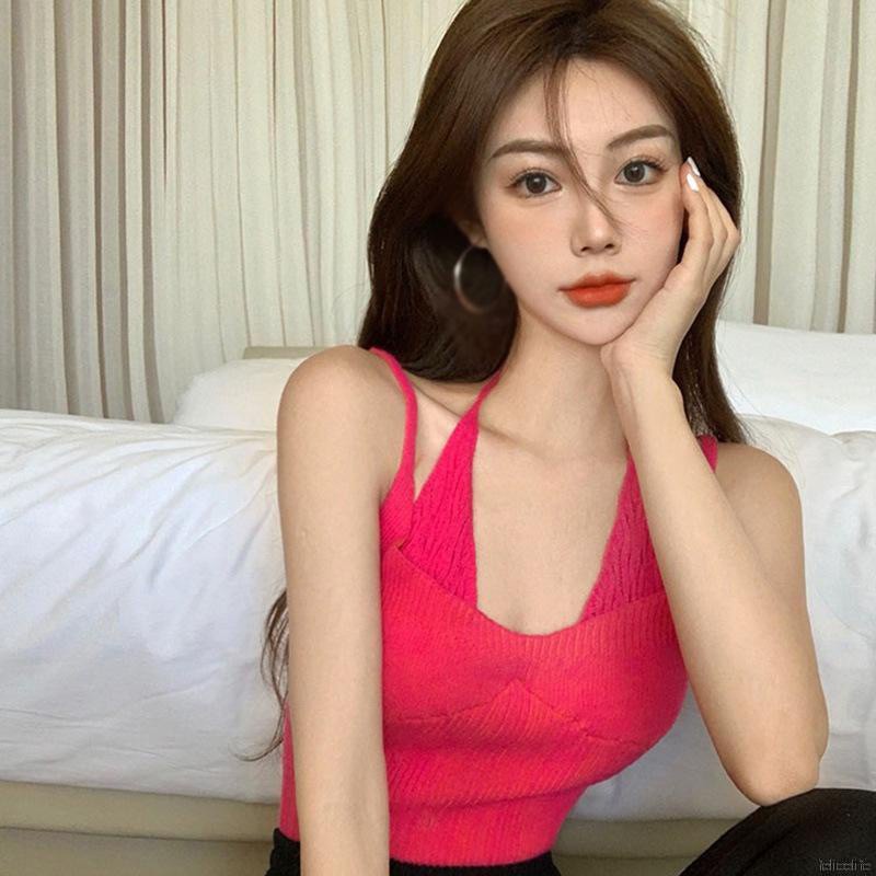 Áo Dệt Kim Hai Dây Màu Trơn Dáng Ôm Gợi Cảm Cho Nữ