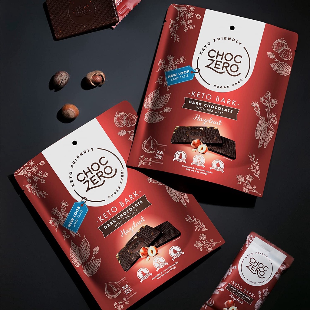 TÚI SOCOLA ĐEN BỌC QUẢ PHỈ ChocZero's Keto Bark, Dark Chocolate Hazelnut with Sea Salt, Sugar Free, Low Carb, No Artific