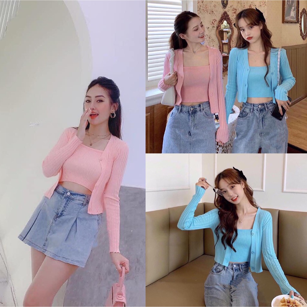 [CARDIGAN] Set Áo Cadigan Nữ, Set Áo Hai Dây Kèm Áo Choàng Chất Dệt Kim