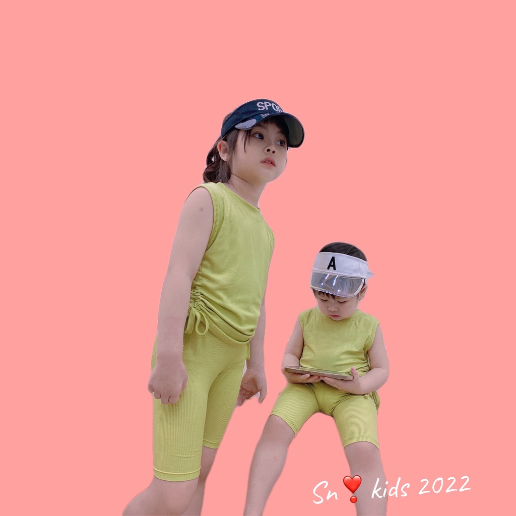 Bộ hè bé gái, bộ tăm lạnh mềm mát áo sát nách rút dây hông kèm quần lửng cho bé