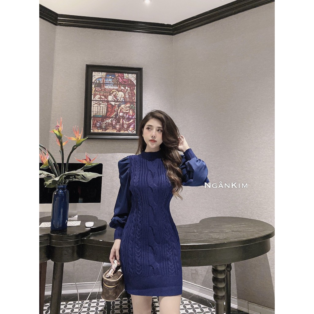 Váy Ôm Body Chất Len Vặn Thừng Phối Tay Bồng Bo Cổ Tay Chất Len Dày Dặn Hàng Quảng Châu Loại 1,Siêu Đẹp, Si | BigBuy360 - bigbuy360.vn