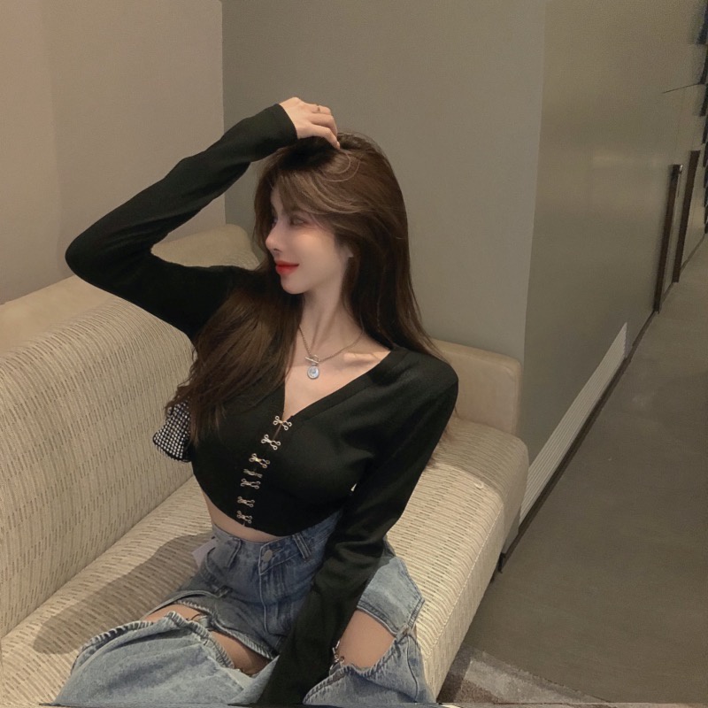 Áo Dệt Kim Tay Dài Cổ Chữ V Quyến Rũ Dễ Phối Đồ Thời Trang Phong Cách Hàn Quốc