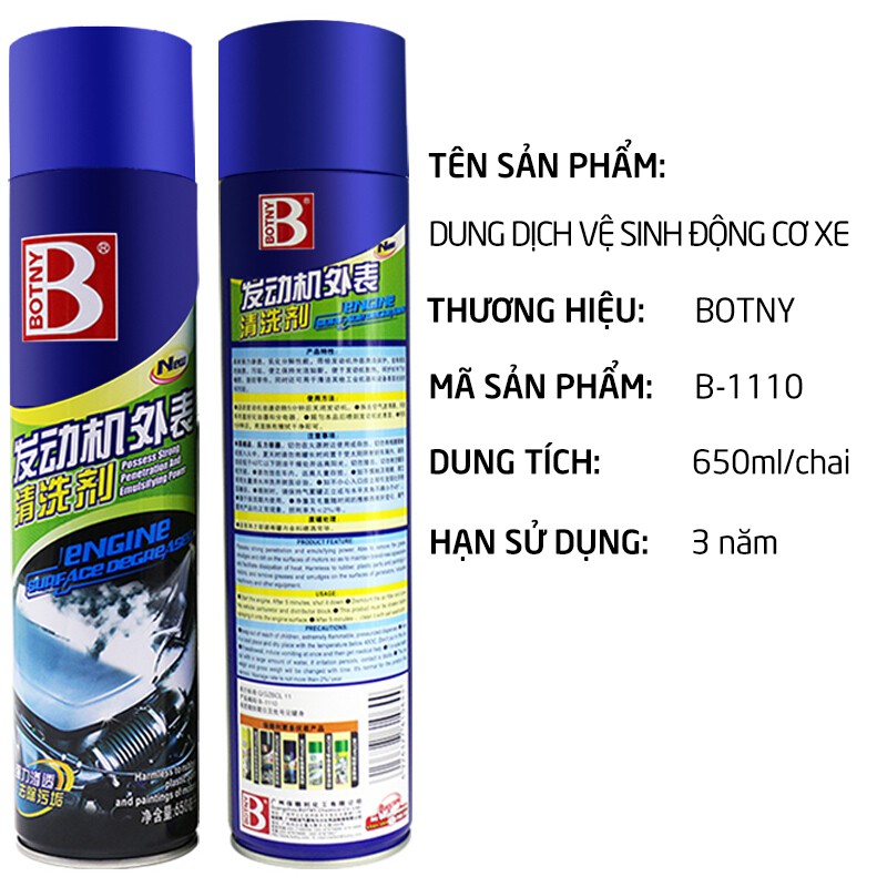 Dung dịch làm sạch bề mặt BOTNY Engine surface Degreaser 650m dạng bọt tẩy rửa vệ sinh dầu mỡ dầu thải bụi than-B-1110