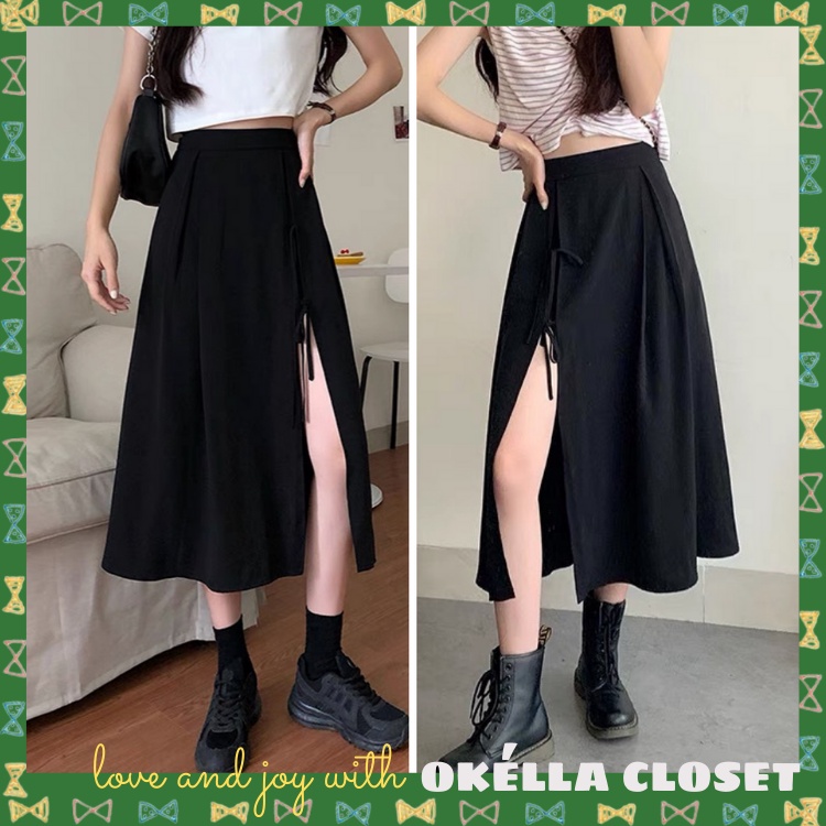 Chân váy nữ xẻ tà có dây buộc nơ ngay eo, chân váy midi qua gối cá tính Okélla