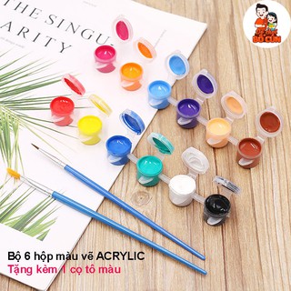 Bộ 6 hộp màu vẽ ACRYLIC dùng tô tượng, tô lên mọi chất liệu - Tặng kèm 1 cọ tô màu