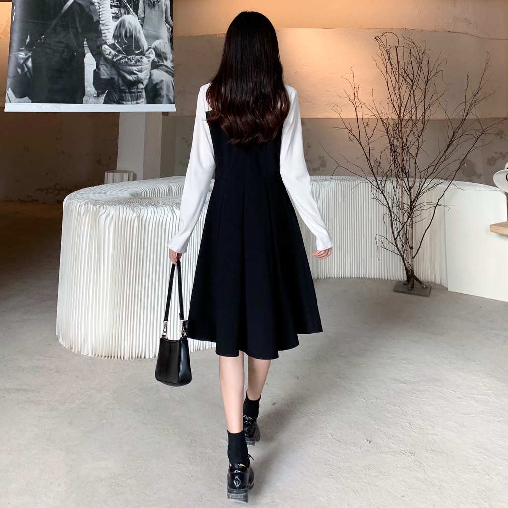 SUXI Đầm ôm Dài Tay Cổ Chữ V Thời Trang Hàn