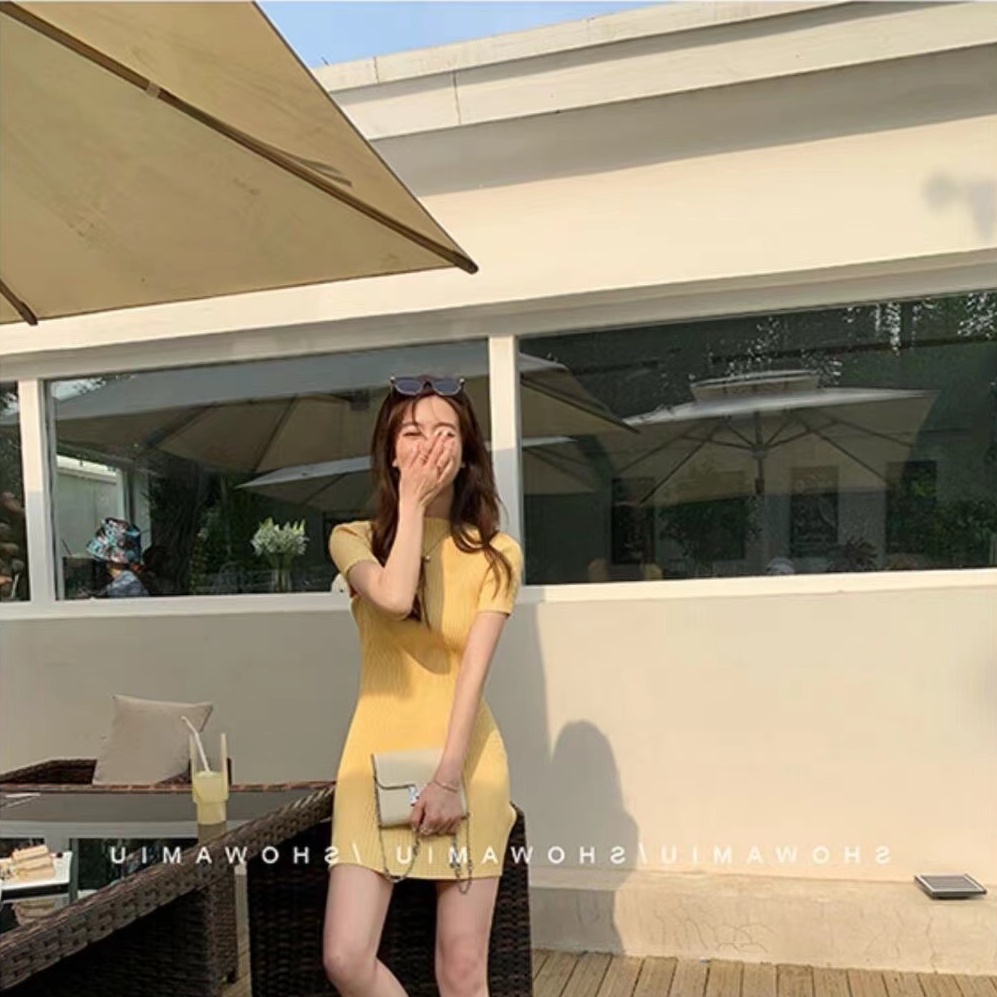 Đầm dệt kim SUXI tay ngắn cổ tròn dáng ôm phong cách mùa hè thời trang quyến rũ cho nữ