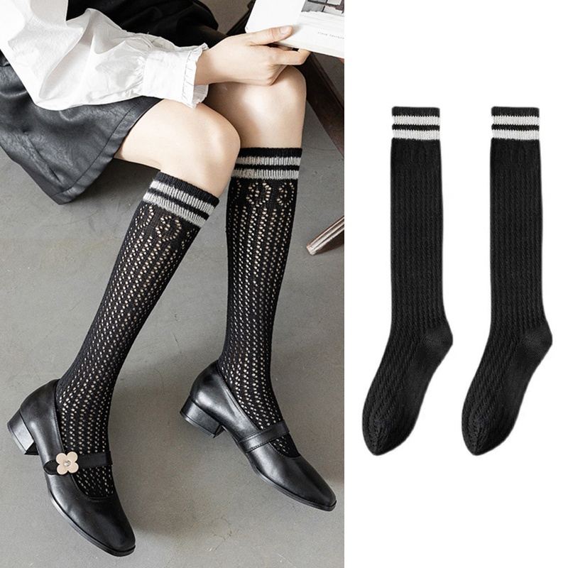 Xiangbao Vớ Cao Đến Đầu Gối Mỏng Họa Tiết Sọc Trắng Đen Phong Cách Đại Học Cổ Điển Dành Cho Nữ