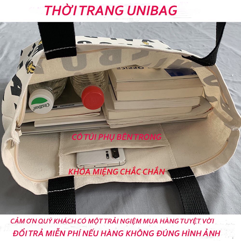 Túi tote Vải canvas họa tiết nhiều hình Cực Hot có khóa miệng túi phụ bên trong đựng vừa a4 tặng quà xinh