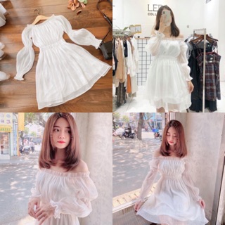 - đầm trắng bẹt vai tay voan bo chun
