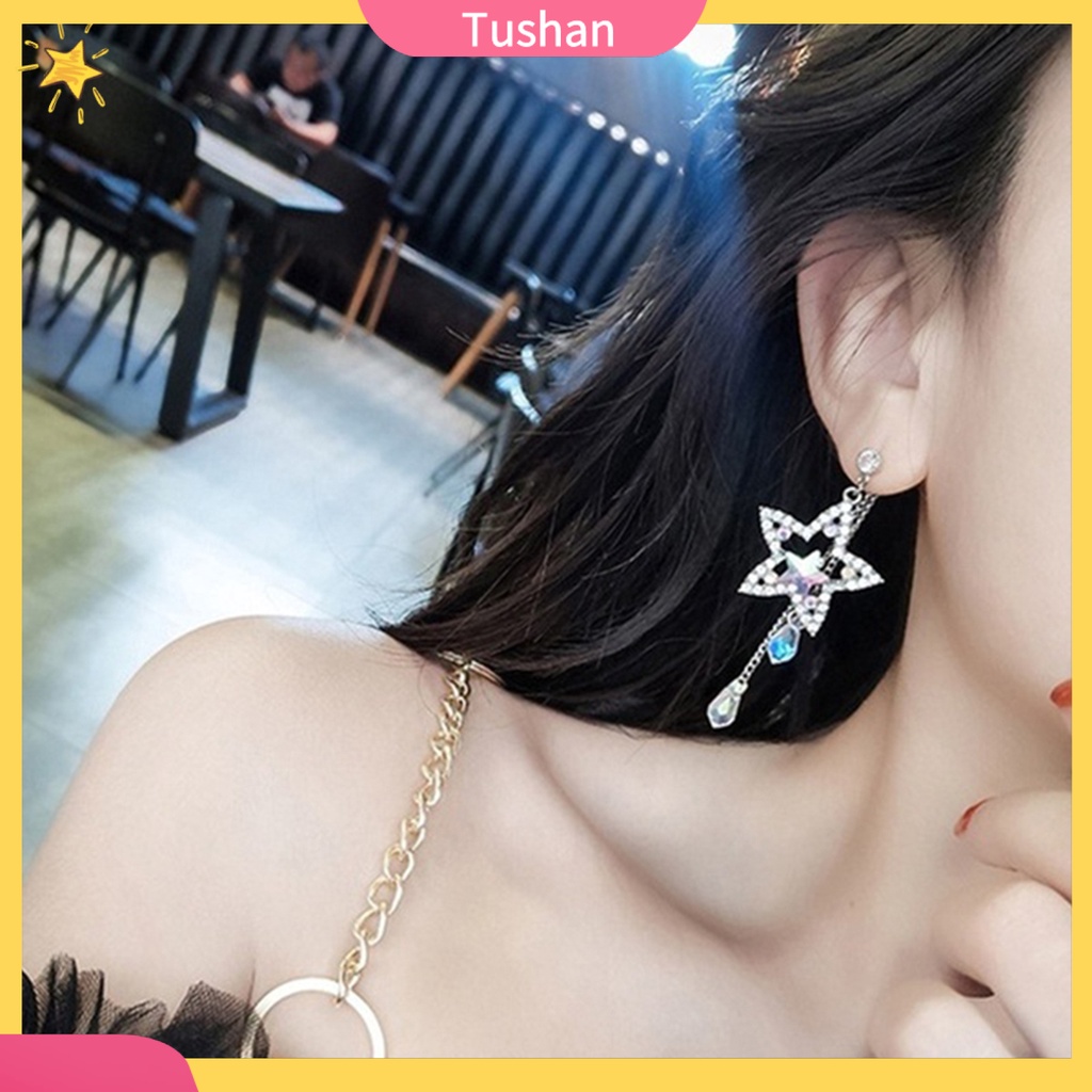 TUSH_Women Cubic Zirconia Inlaid Star Chain Tassel Dangle Stud Earrings Jewelry Gift