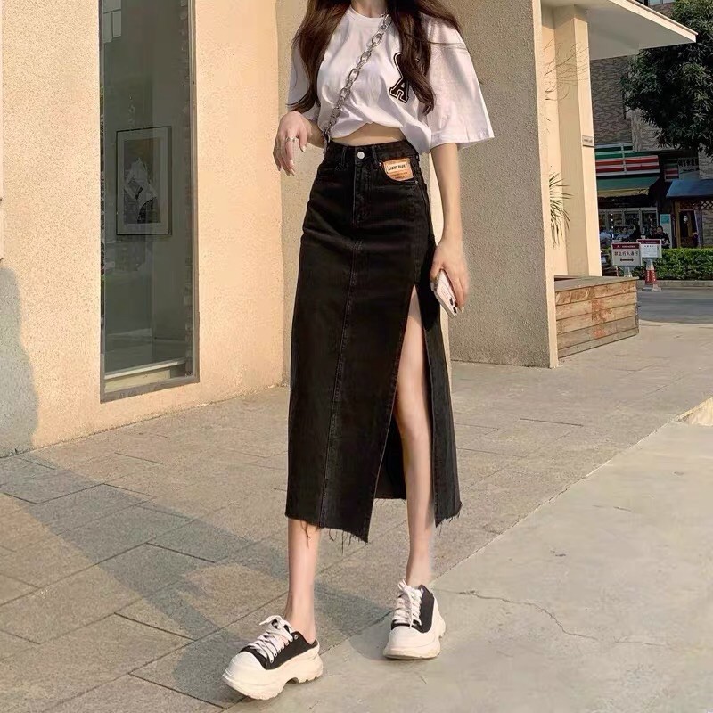 Chân váy bò jeans xẻ tà một bên lưng cao hàn quốc / chân váy bò jeans dài xẻ tà