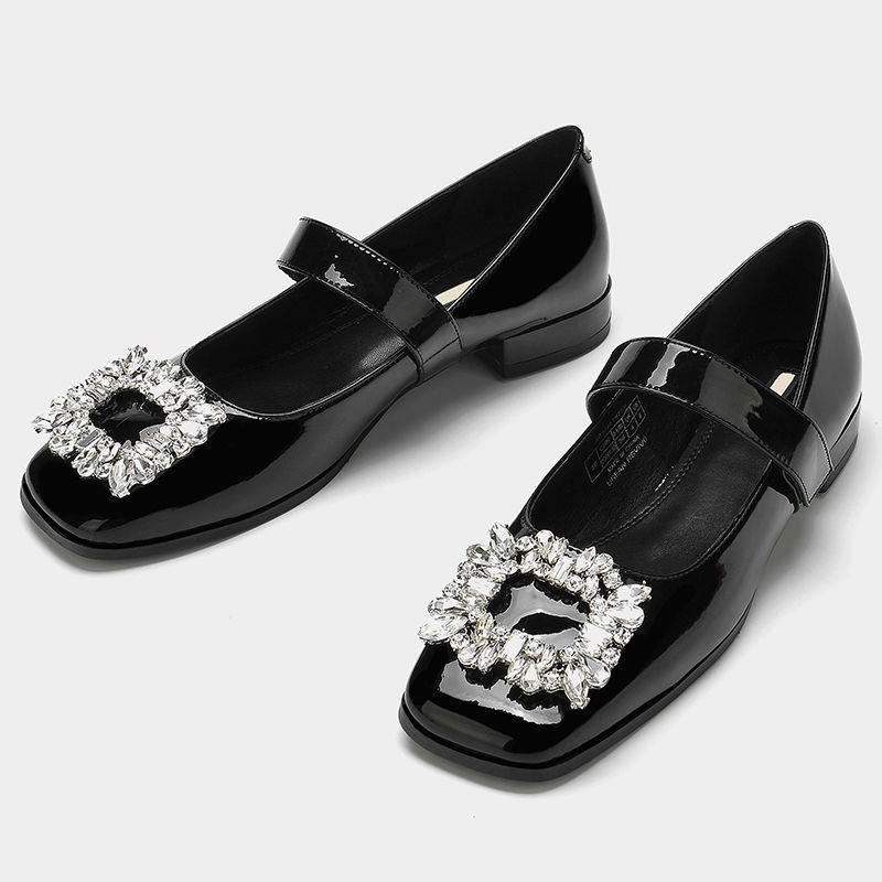 ☋☃☞Giày Búp Bê Mary Jane Mũi Vuông Đính Đá Chất Liệu Da Bóng Thời Trang Xuân Thu 2021 Cho Nữ