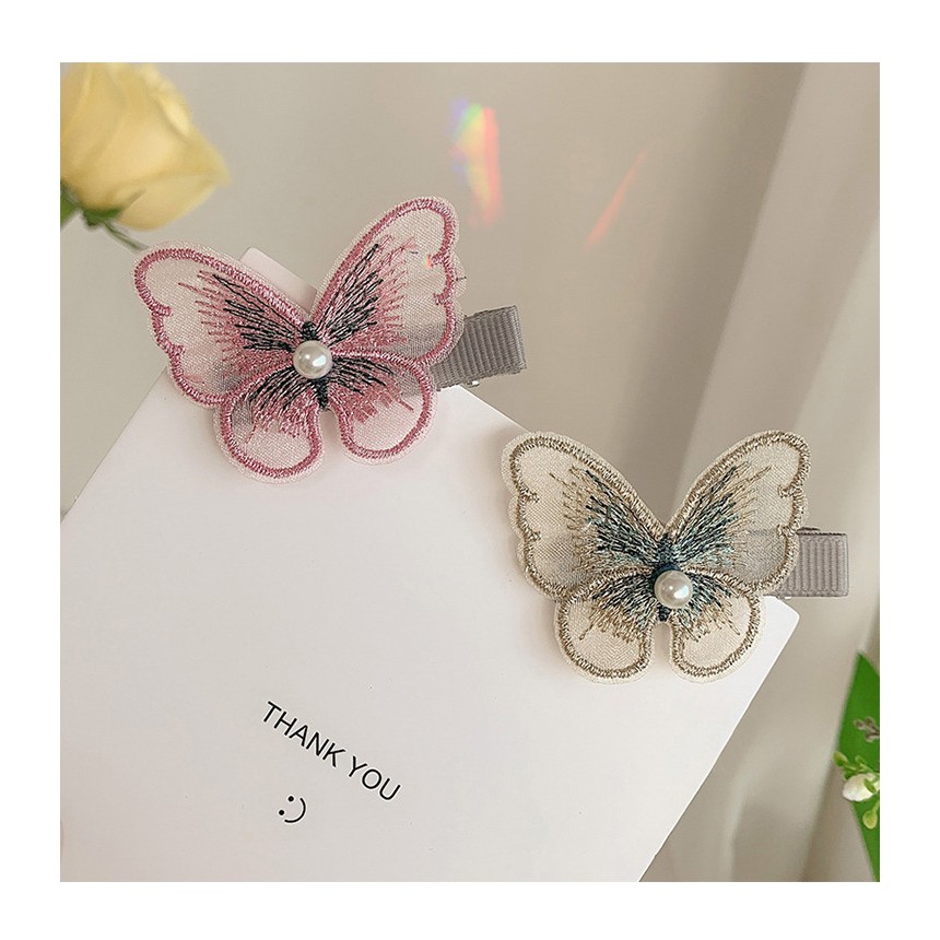 Kẹp Tóc Trang Trí Hình Bướm Thêu 2 Lớp Đính Hạt Ngọc Trai Nhân Tạo - 1 cái