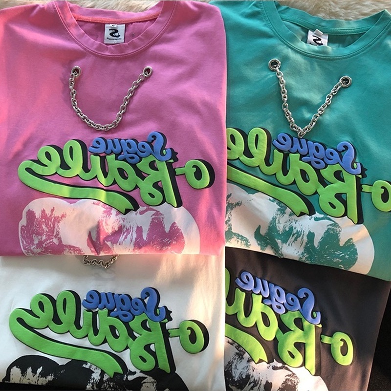 Áo Thun Tay Lỡ Phối Dây Xích Thời Trang Cá Tính 191159Phiên Bản Hàn Quốc In Áo Cổ Tròn Hợp Thời Trang