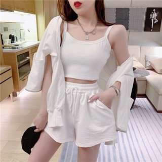 SEt 3 Món ÁO KHOÁC NỈ TAY BỒNG PHỐI CROPTOP 2 DÂY MIX QUẦN SHORT ĐÙI ULAZANG