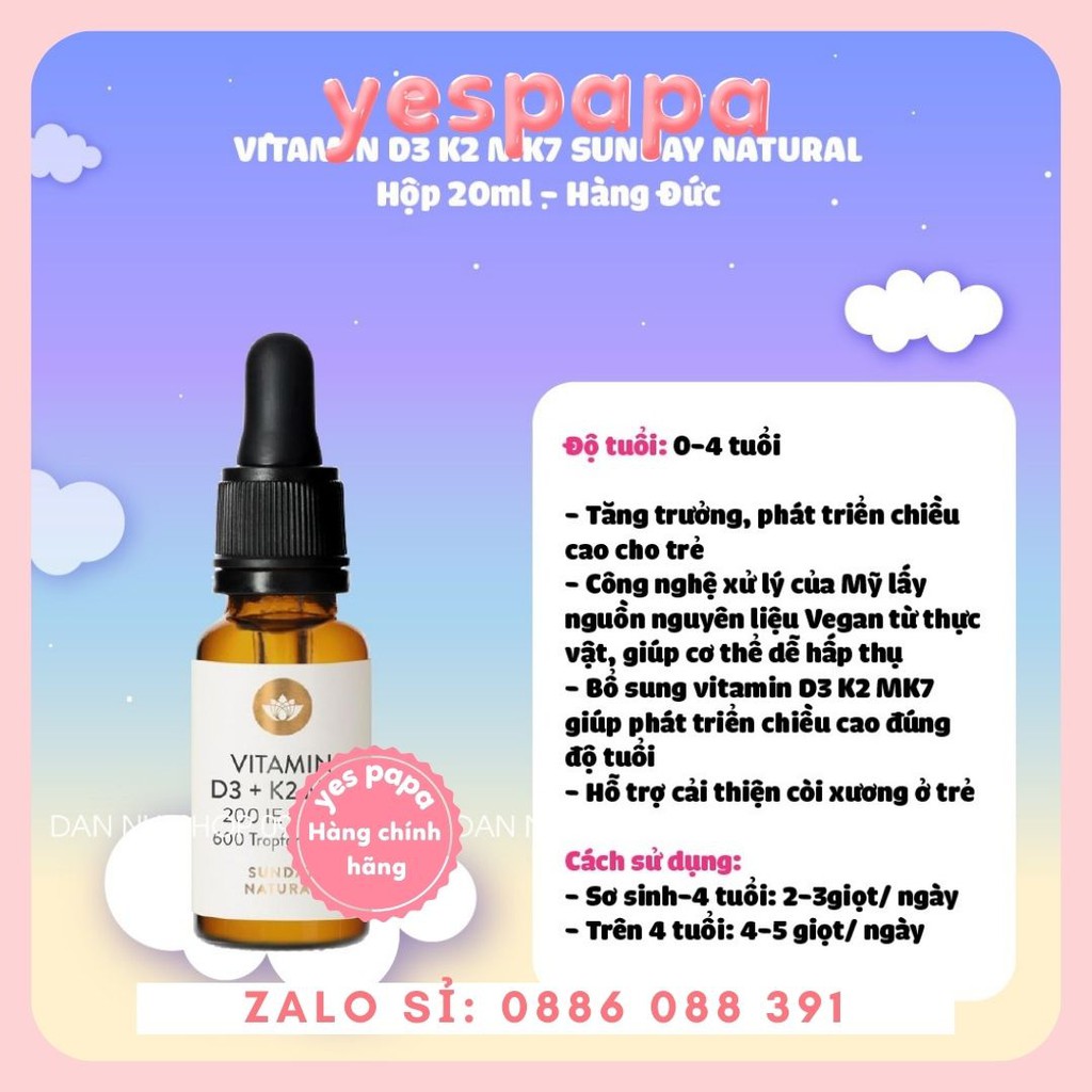 [HÀNG CHÍNH HÃNG] Vitamin Sunday Natural D3+ K2 MK7 Đức 16.8g