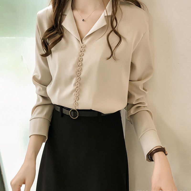 Áo sơ mi cổ chữ V dáng rộng màu trơn thanh lịch cho nữ