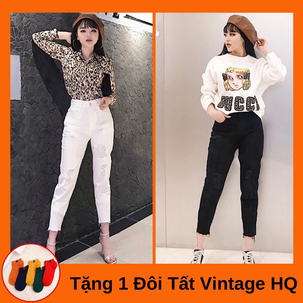 Quần Baggy Rách Trắng Đen - Quần Baggy Nữ -Tặng Vớ- Tashop MS070