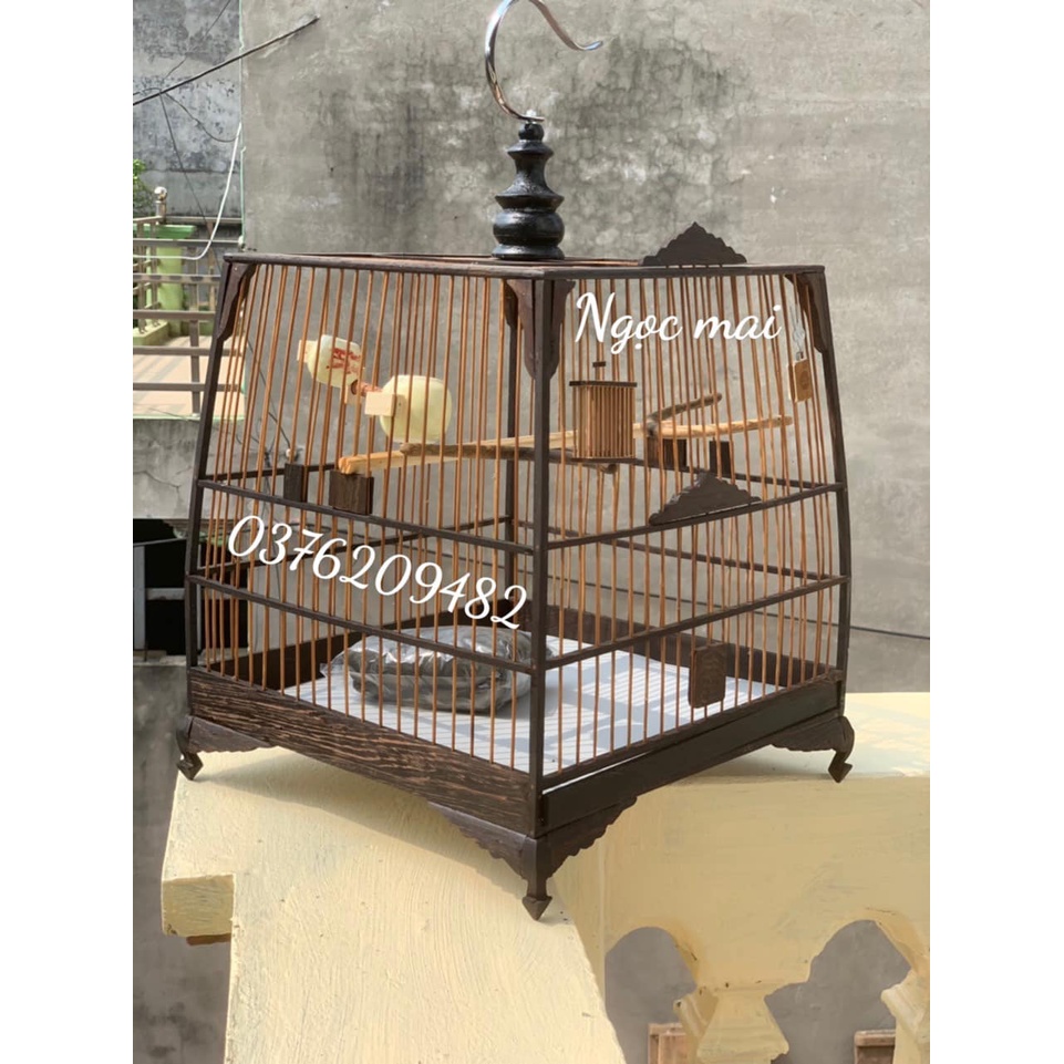 Khung Lồng Chim Chào Mào Gỗ Mun Đuôi Công Chân Quỳ Lá Đề Vân Đẹp Đủ Phụ Kiện Tự Ráp Chắc Chắn