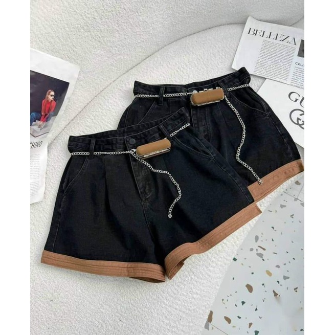 Quần sooc jeans pha gấu kèm đai xích túi hàng QCL1