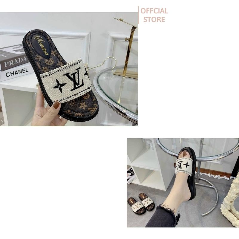 Dép lê nữ quai ngang đế bánh mỳ 3cm quai da thêu LV bền đẹp JUMATO G2.015.DE.35