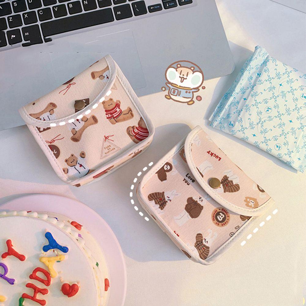 1 Túi Đựng Băng Vệ Sinh / Tiền Xu / Thẻ Bằng Vải Cotton Hình Gấu Hoạt Hình Dễ Thương Có Khóa Kéo Cho Nữ RYVN