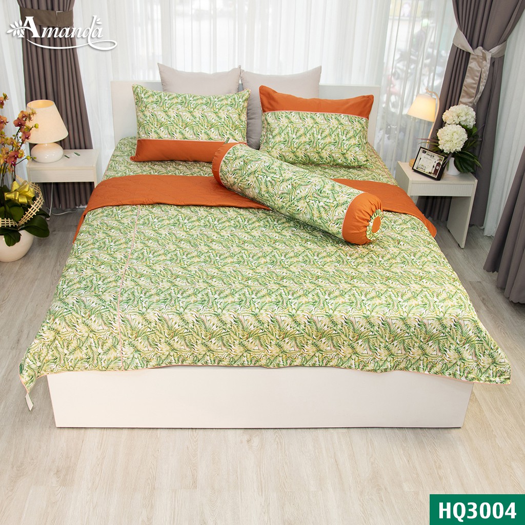 Bộ Chăn Drap Gối Bọc Chần Amanda, HQ3004 vải cotton lụa satin Hàn Quốc chất liệu mềm mịn thoáng mát