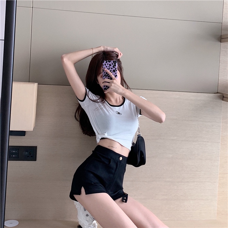 DUNEA Quần Short Lưng Cao Màu Trơn Phối Khóa Cài Thời Trang Trẻ Trung Cho Nữ