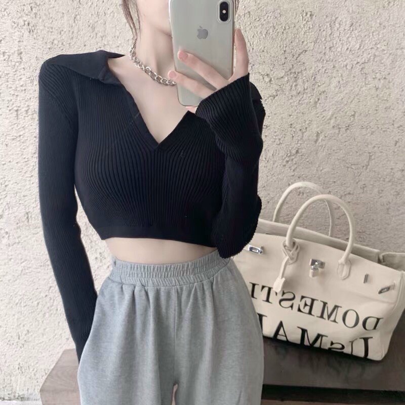 Áo Croptop Cổ V Tay Dài Phối Dây Buộc Sau Lưng Ôm Body Chất Thun Gân Hot Hit Ulzzang