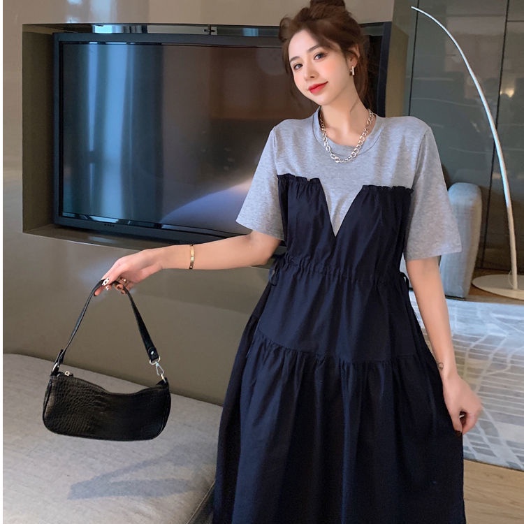Đầm Tay Ngắn Dáng Rộng Cột Dây Eo Màu Sắc Tương Phản Phong Cách Hàn Quốc Thời Trang Mùa Hè Xinh Xắn Cho Nữ