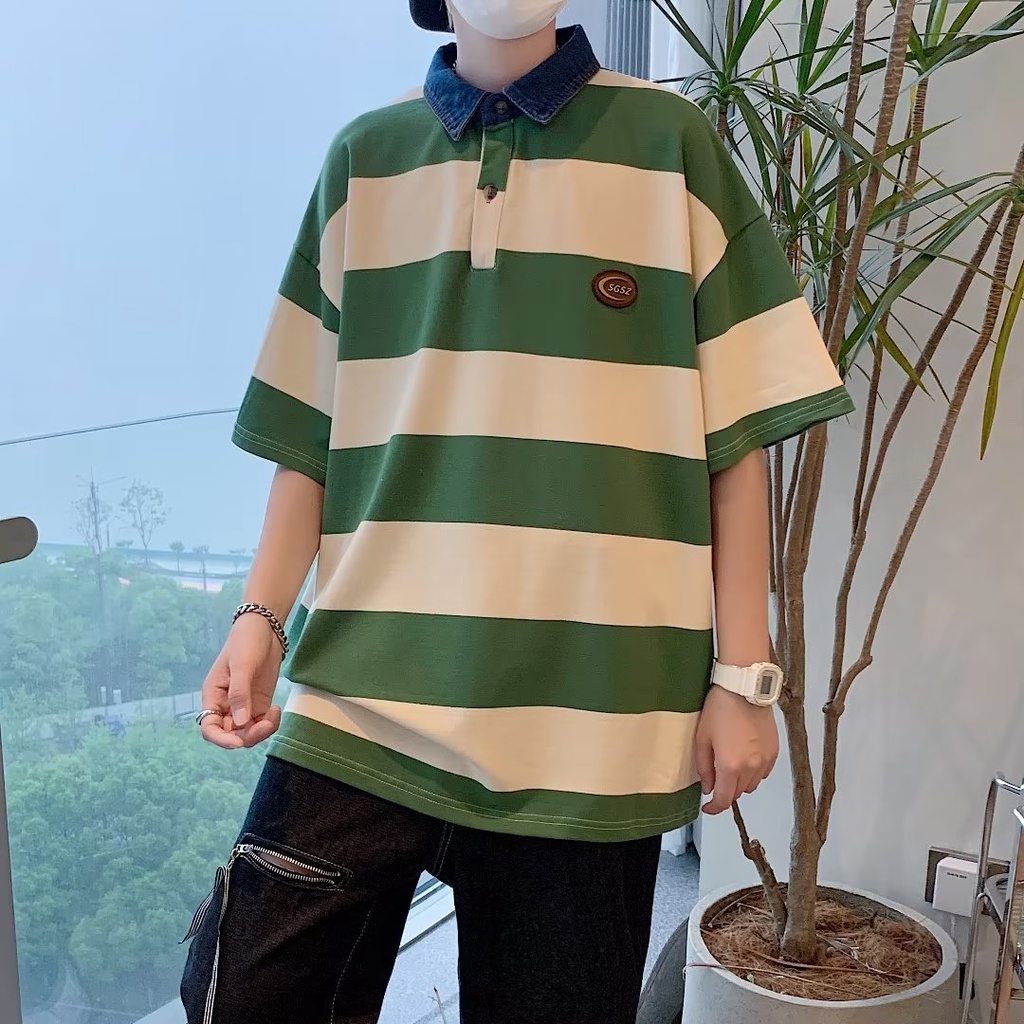 Áo Thun POLO Tay Ngắn Dáng Rộng Thoáng Khí In Họa Tiết Kẻ Sọc Phong Cách hip hop Đường Phố Hàn Quốc Thời Trang Mùa Hè Cho Nam