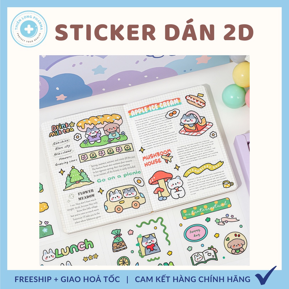 Sticker dán 2D dễ thương trang trí bình nước, điện thoại nhựa PET chống nước