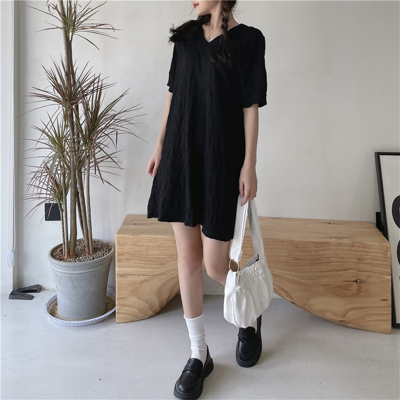 SUXI Đầm midi tay ngắn thiết kế cổ chữ V phong cách trẻ trung