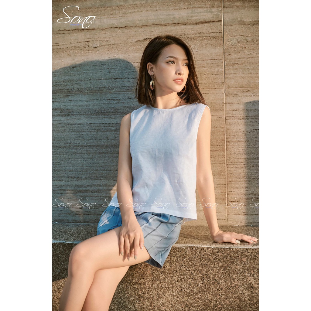 Sono - Áo Linen Hàng Thiết kế Kiểu Phối Hàng Nút Sau Trẻ Trung