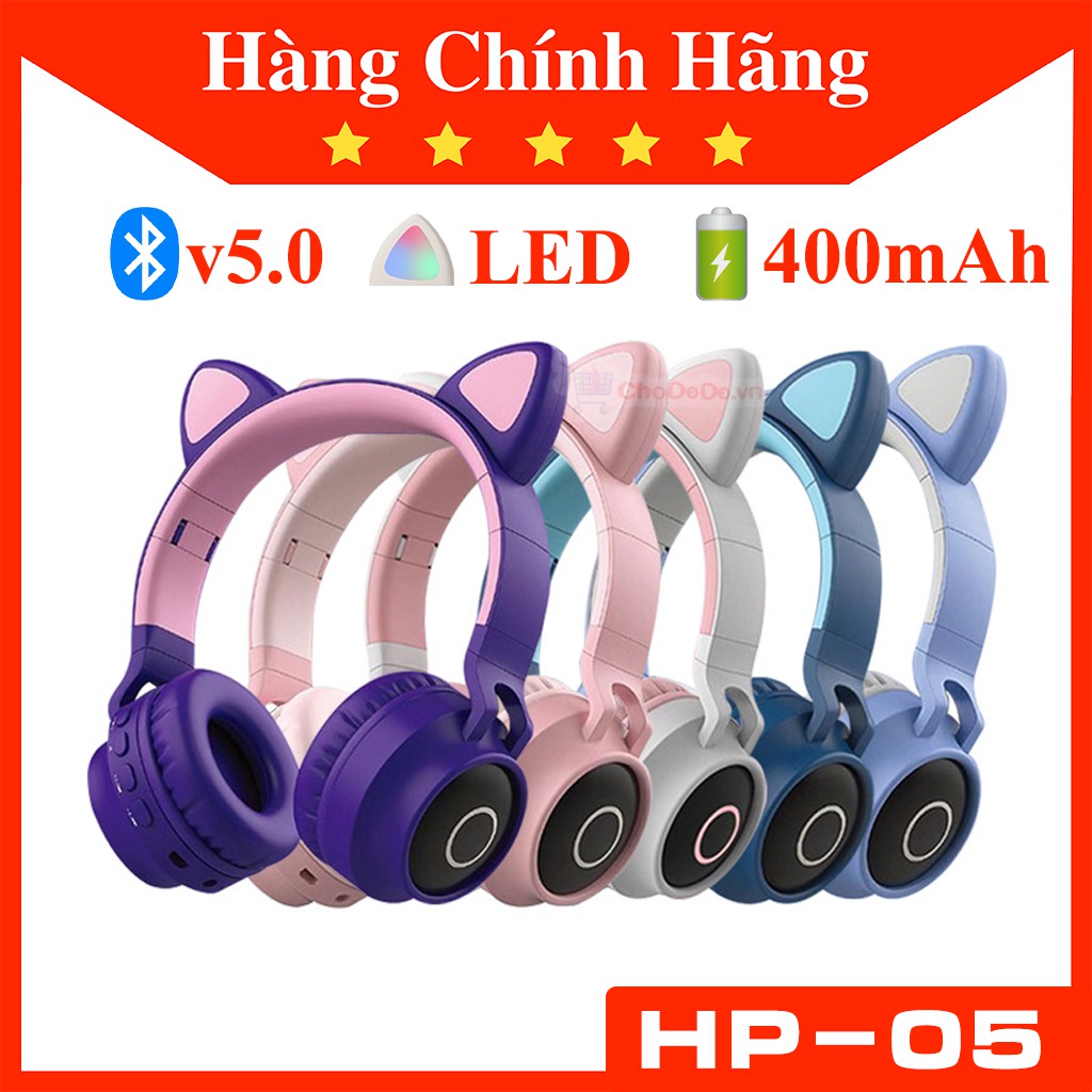 Tai nghe Tai Mèo blueooth HP05, headphone tai mèo siêu cute kèm Mic thoại, Bass cực mạnh, dung lượng pin khủng 400mAh