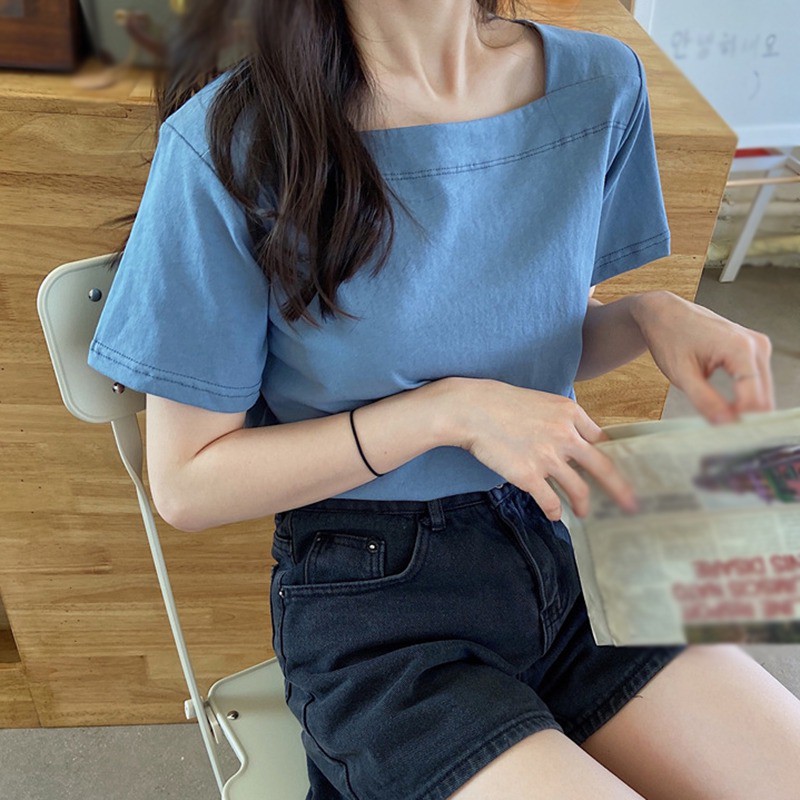 Áo thun nữ ngắn tay cổ vuông thời trang Hàn Quốc