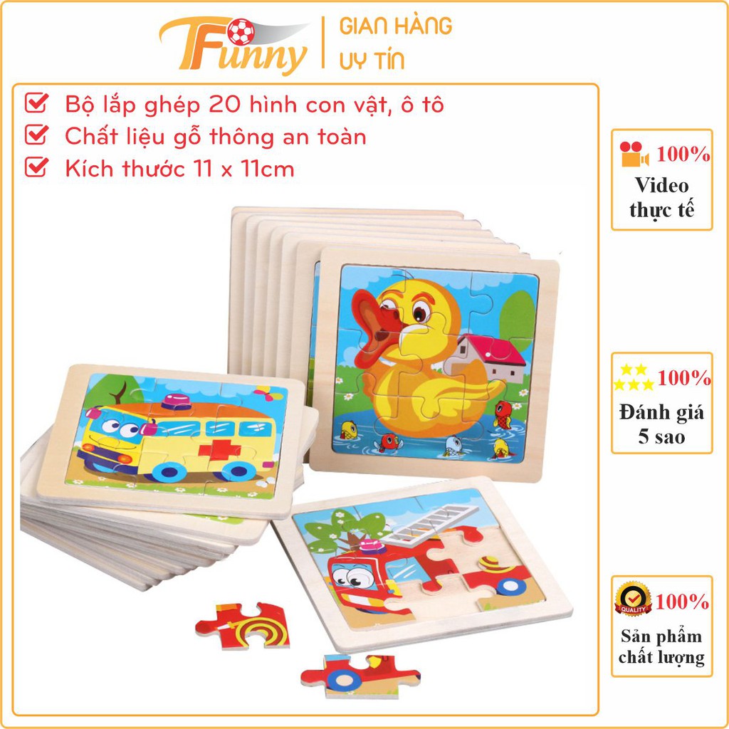 Đồ Chơi Xếp Hình Lắp Ghép 9 Mảnh 20 Con Vật Cho Bé, T Funny, Kích Thước 11 x 11cm