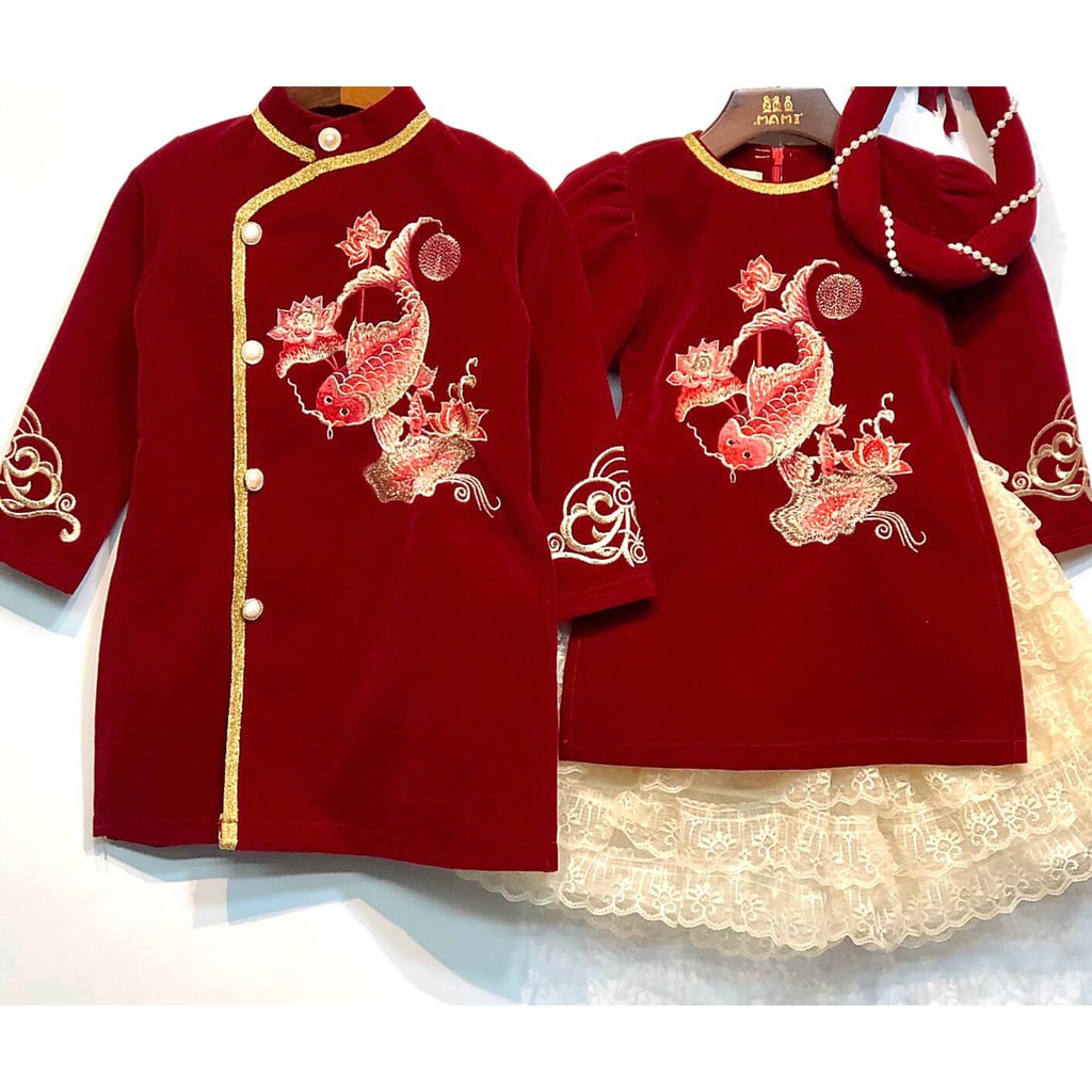 Cặp áo dài cách tân nhung cho bé trai và bé gái ( có bán lẻ )có ảnh thật