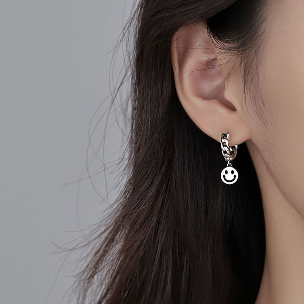 ANEMONE Khuyên tai vòng tròn bằng đồng màu trơn mặt cười phong cách đường phố Hàn Quốc cá tính cho nữ