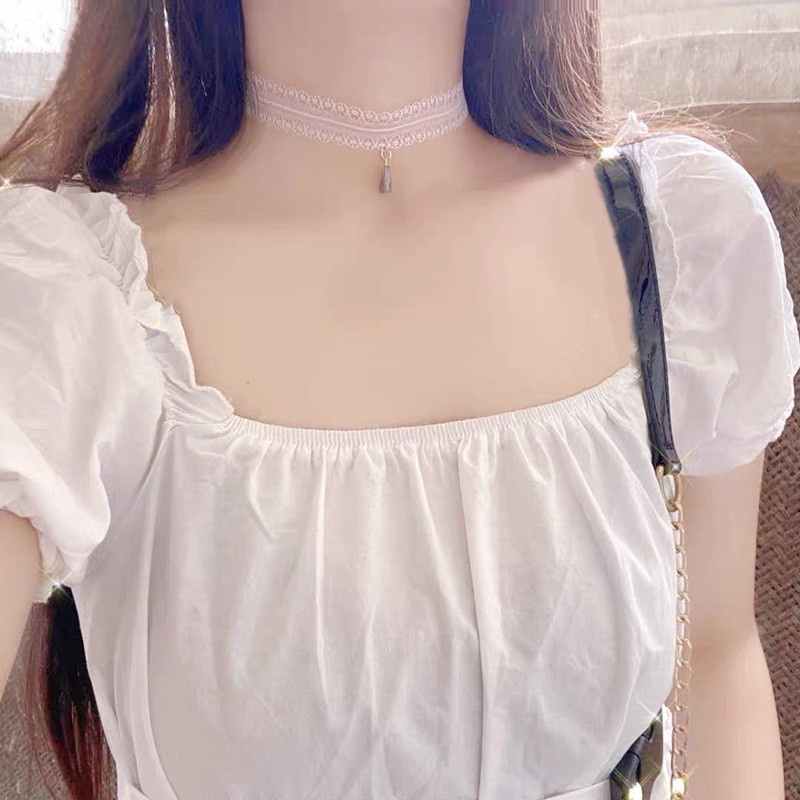 Vòng Cổ Choker Bằng Ren Màu Trắng Đính Đá Pha Lê Thời Trang Hàn Quốc