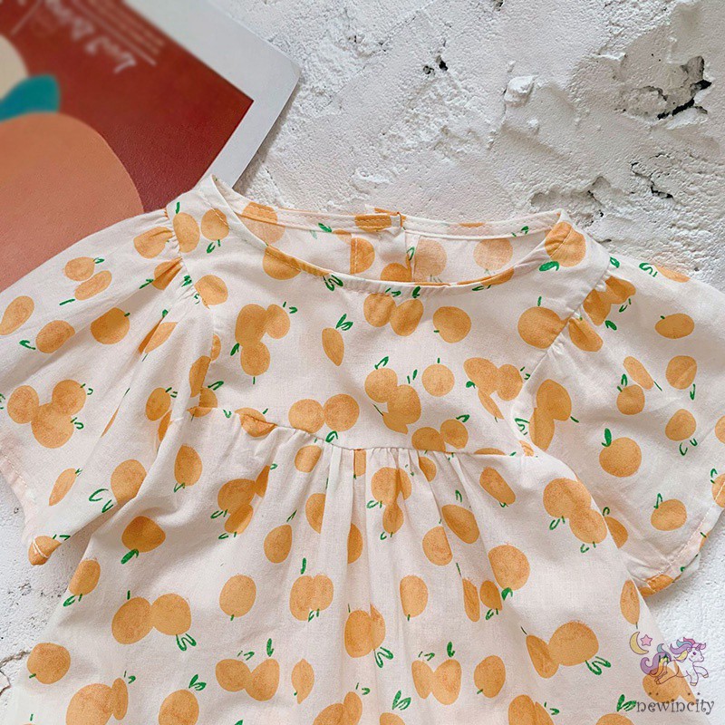 Đầm Tay Ngắn In Hình Quả Cam Dễ Thương Cho Bé Gái