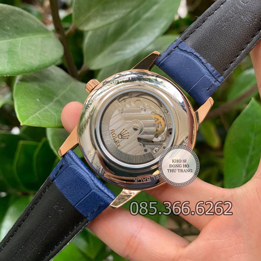 Đồng hồ nam Rolex cơ Automatic mẫu 3 kim mặt cắt vát kim cương xanh viền vàng size 40-41mm